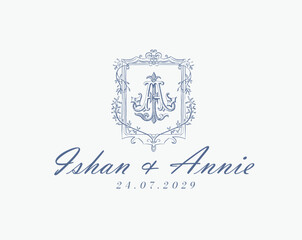 Obraz premium Wedding logo monogram crest vector design royal style blue color illustration monogram crest 