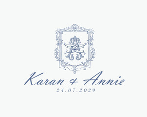 Wedding logo monogram crest vector design royal style blue color illustration monogram crest

