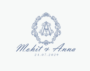 Wedding logo monogram crest vector design royal style blue color illustration monogram crest
