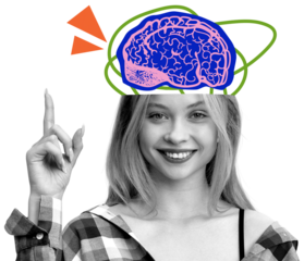 Smiling young woman with colorful brain illustration above open head, isolated on white background, concept of brainstorm and creative thinking