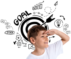 Isolated smiling boy looking ahead with hand on forehead, surrounded by goal-themed doodles including lightbulb, charts, gears on white background