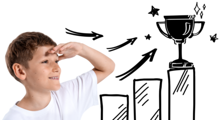 Isolated smiling boy looking forward beside hand-drawn bars, arrows, and trophy on white background. Concept of kid ambition, goal, and achievement