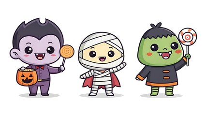 Fototapeta premium Adorable chibi halloween characters vampire mummy and frankenstein holding candy and lollipops