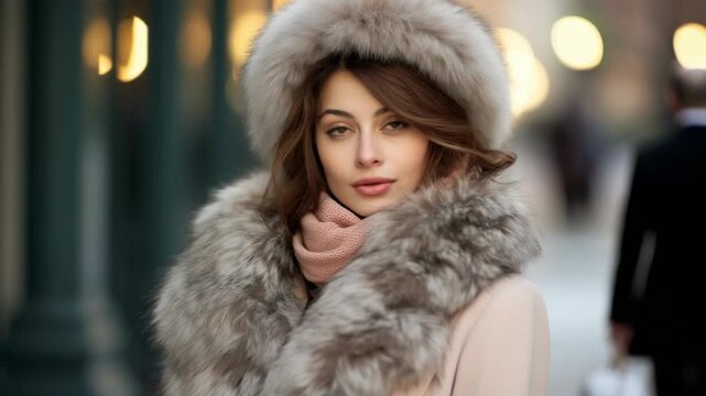 Winter fashion showcase with a model wearing a luxurious fur coat and an elegant scarf in an urban setting
