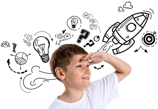 Happy child looking forward with startup-themed doodles like rocket, light bulbs, and gears around his head on white background representing creativity