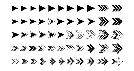 Naklejka premium Collection of five rows of forward pointing arrows in varying styles and designs on a white background