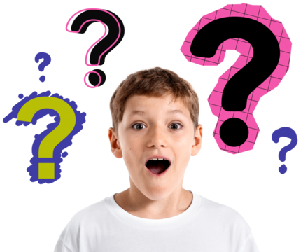 Curious boy with surprised expression surrounded by colorful abstract question marks, isolated on white background, concept of wonder and discovery