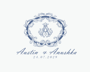 Wedding logo monogram crest vector design royal style blue color illustration monogram crest
