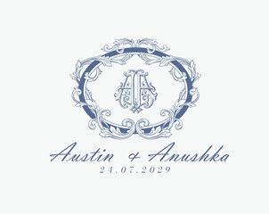 Wedding logo monogram crest vector design royal style blue color illustration monogram crest
