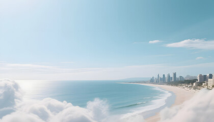 Obraz premium Coastal city skyline with ocean view and fluffy clouds in daylight 