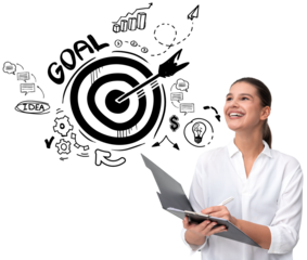 Smiling woman holding clipboard and pen, with target and business strategy doodles, isolated on white background, concept of goal setting and achievement