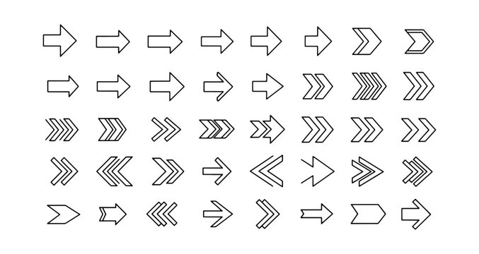 Collection of various arrow designs pointing right with different styles and line thicknesses displayed