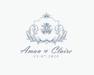 Wedding logo monogram crest vector design royal style blue color illustration monogram crest
