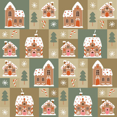 Bauhaus Christmas Pattern with Gingerbread Houses, Candy Canes and Snowflakes