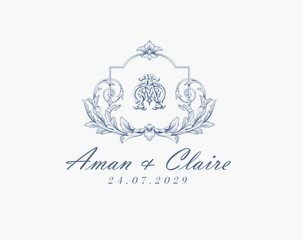 Wedding logo monogram crest vector design royal style blue color illustration monogram crest
