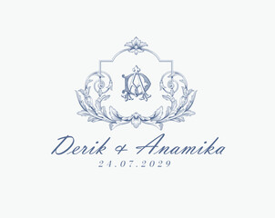 Wedding logo monogram crest vector design royal style blue color illustration monogram crest
