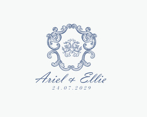 Wedding logo monogram crest vector design royal style blue color illustration monogram crest
