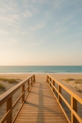 Wooden pathway leading to serene beach at sunrise
