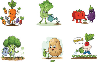 Funny vegetable characters gardening, watering plants, and farming — cute and playful farming vegetables clipart set with anthropomorphic veggie friends