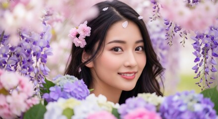Naklejka premium A beautiful young woman with dark hair smiles gently, surrounded by a vibrant display of blooming wisteria and hydrangeas, with delicate petals falling around her.
