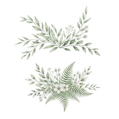 Watercolor floral arrangement with fern and leaves isolated on transparent background
