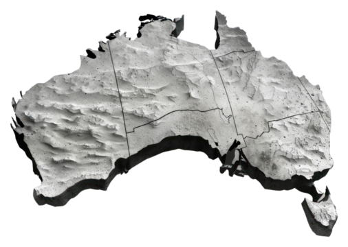 PNG 3d render of australia map rough concrete white background accessories monochrome.