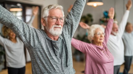 group of seniors doing stretching exercise together at retirement centre elderly men and old women exercising at nursing home during daily fitness retired couples exercising at care facility no logos