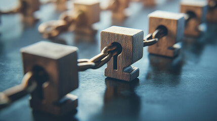 Wooden blocks linked by a chain a security concept