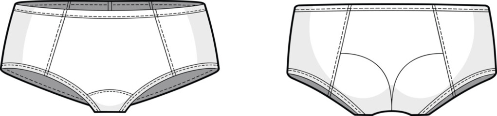 Women’s boxer brief underwear flat sketch vector, front and back view fashion technical design template for apparel production use.