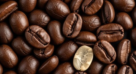 Obraz premium Close up macro view of roasted coffee beans with one unroasted bean