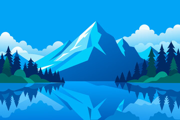 Stylized mountain landscape with reflecting lake and pine trees