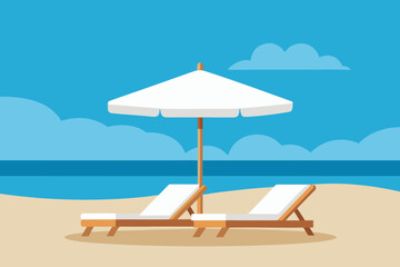 Beach scene with two lounge chairs and a white umbrella