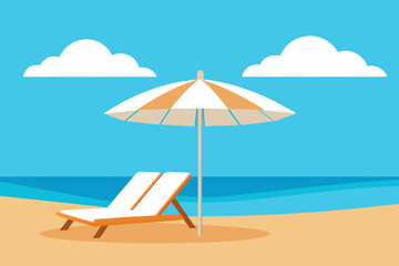 Relaxing beach scene with umbrella and lounge chairs