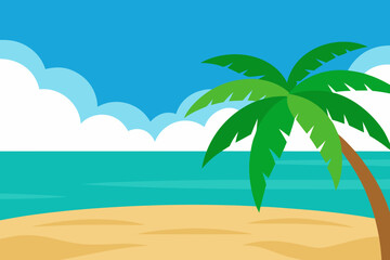Tropical beach scene with palm tree and ocean under blue sky