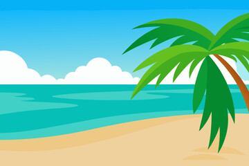 Tropical beach scene with palm tree and ocean waves