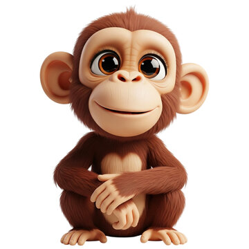 A cheerful 3D cartoon monkey with large, expressive brown eyes and a wide smile, waving with one hand while sitting. Its brown fur and playful pose make it perfect for children's media, animations, or