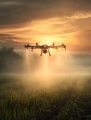 Fototapeta premium drone spraying crops at sunset agricultural technology