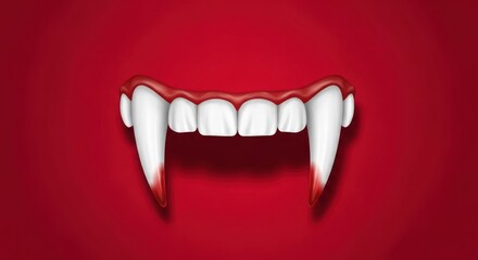 Spooky vampire teeth with blood dripping for halloween on a red background design
