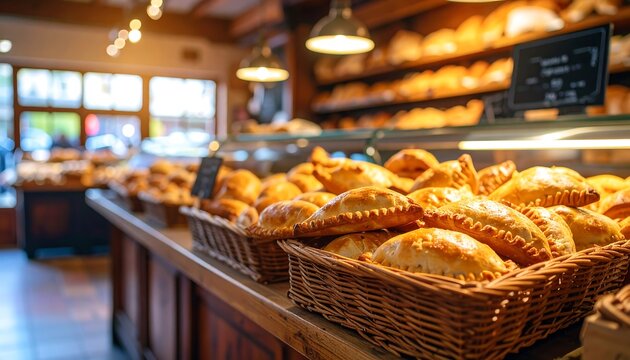 Bakery display of pastries in baskets