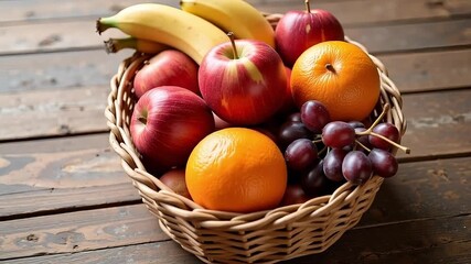 Woven basket filled with fresh apples, bananas, oranges and grapes on wooden surface, ideal for food and nutrition themes