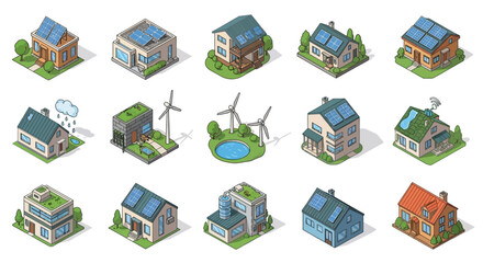 3D Isometric collection of eco friendly houses with renewable energy sources like solar panels and wind turbines.