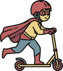 Cartoon superhero child with a red cape and helmet riding a yellow kick scooter.