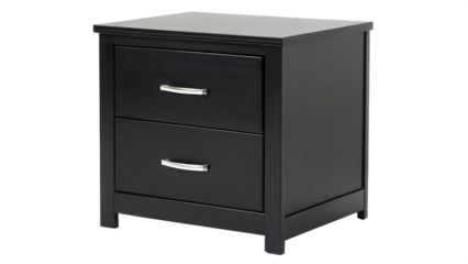 A modern black nightstand with two drawers and silver handles on a clean background PNG. AI GENERATED.
