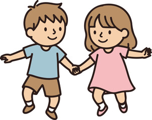 Charming cartoon illustration of a happy young boy and girl holding hands and smiling together.