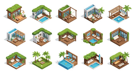 Fototapeta premium 3D Isometric Tropical Resort Bungalows and Villa Interiors Set.