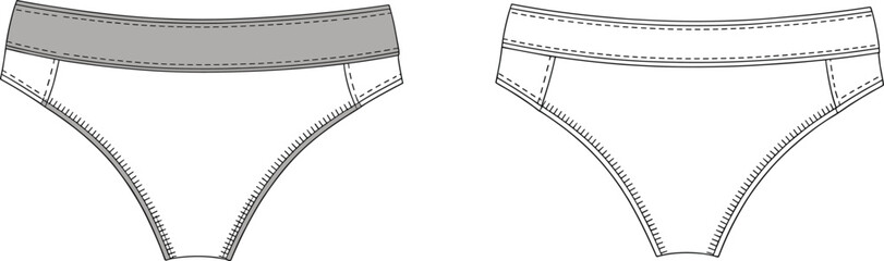 Vector illustration of women’s bikini briefs with wide waistband, detailed stitching, front and back views, modern fashion apparel design.