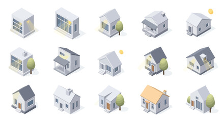 Set of modern 3D Isometric houses and buildings vector icons.