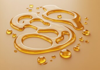 Viscous golden liquid artfully spills and pools, creating mesmerizing abstract shapes with glistening droplets
