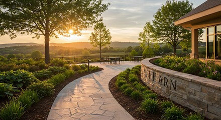 Fototapeta premium ​An idyllic retreat setting with a patio bathed in the warm light of a setting sun, surrounded by nature.