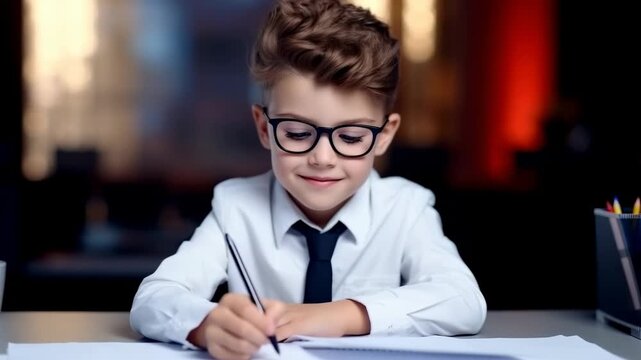 Young boy focused on his schoolwork at a desk with a pencil in hand in a well-lit classroom setting